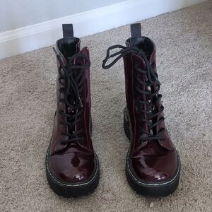 Burgundy Patent Leather Lace-Up Boots